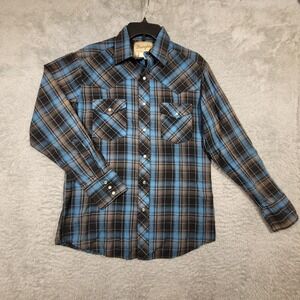 Wrangler Western Fashion Snap Shirt Men Blue Plaid Long Sleeve Medium